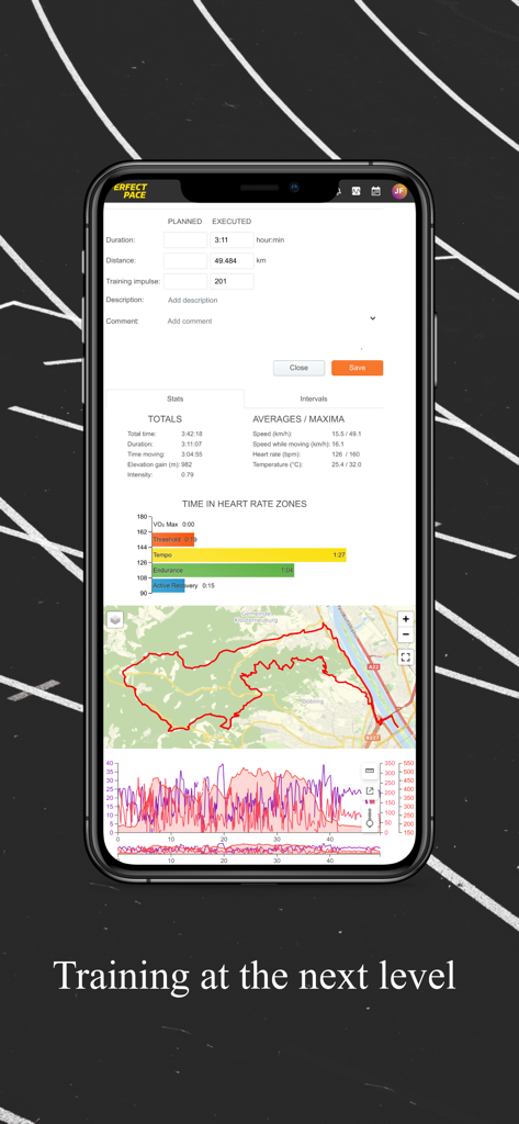 PerfectPace - PerfectPace app interface displaying detailed workout stats heart rate zones and a GPS activity map