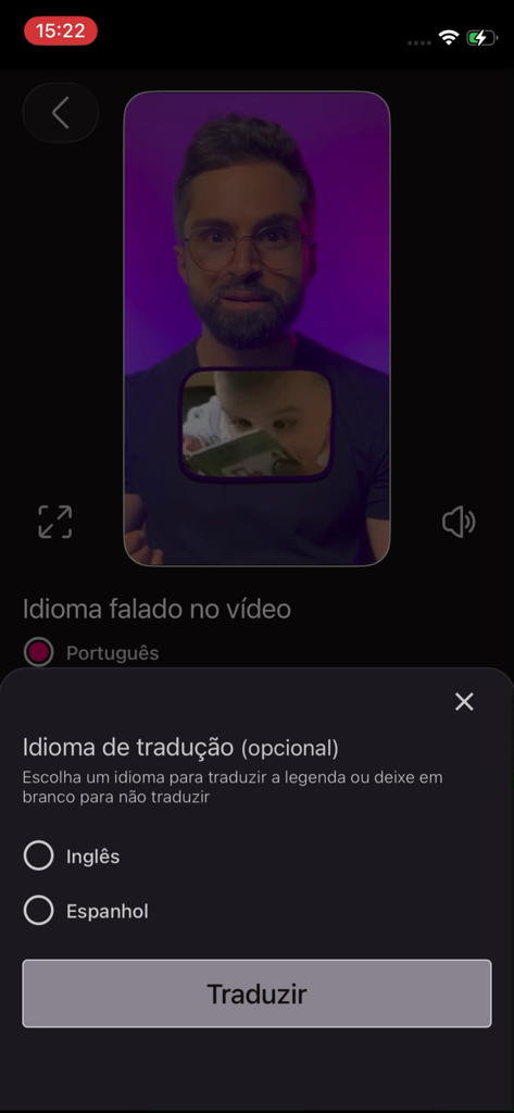 Legenda.ai - Oberfläche der Legenda.ai-App mit Optionen zur Übersetzung von Videountertiteln ins Englische oder Spanische