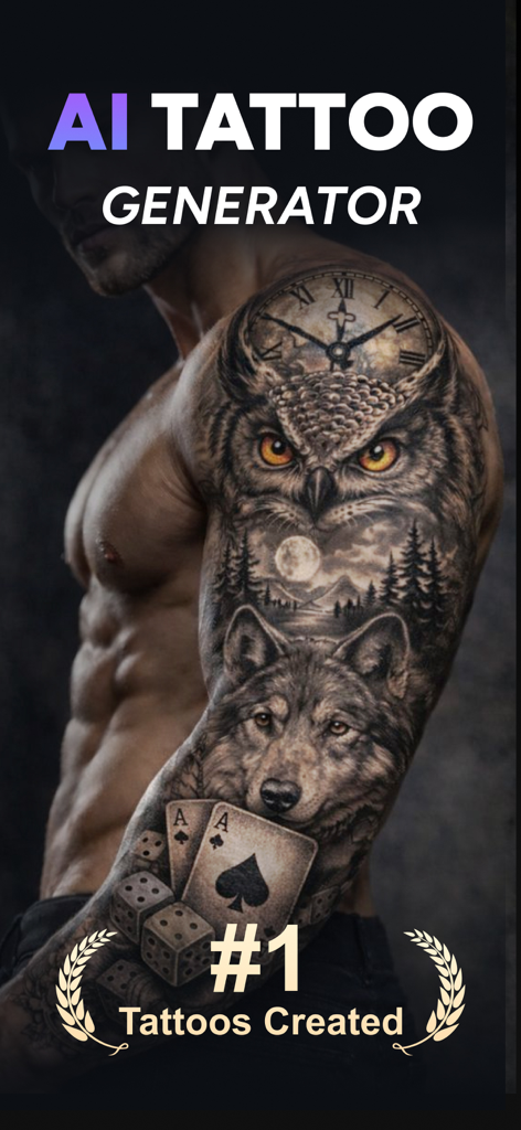 InkDNA AI Tattoo Generatorによって作成された、フクロウとオオカミのモチーフを持つフルスリーブタトゥーデザイン