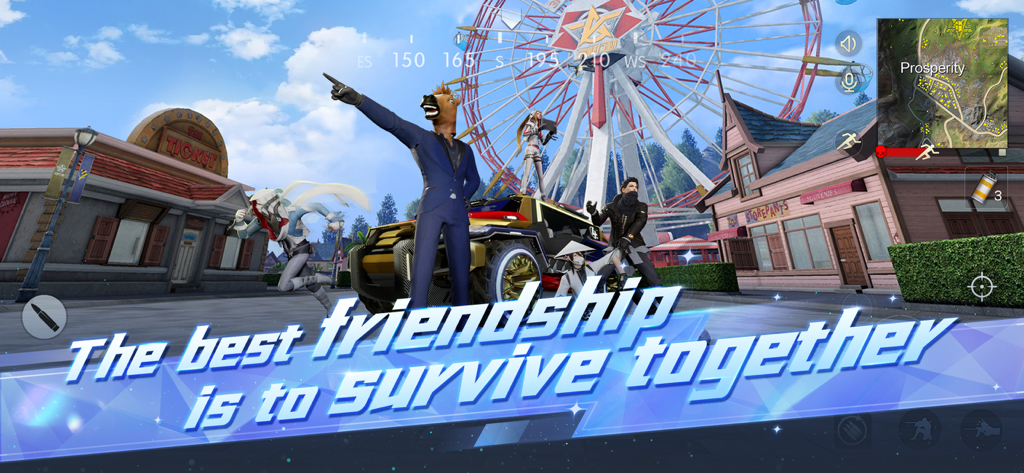 A group of unique characters posing by a vehicle in an amusement park setting with the text The best friendship is to survive together.