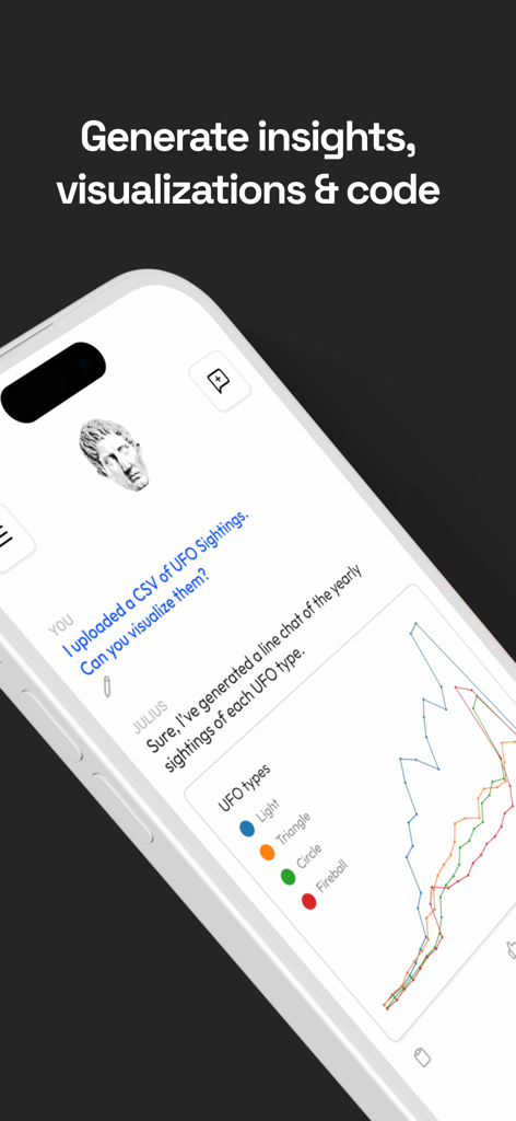 Julius AI: Data & Math Helper - Interface de l'application mobile Julius AI montrant une conversation de chat qui génère un graphique linéaire à partir de données téléchargées