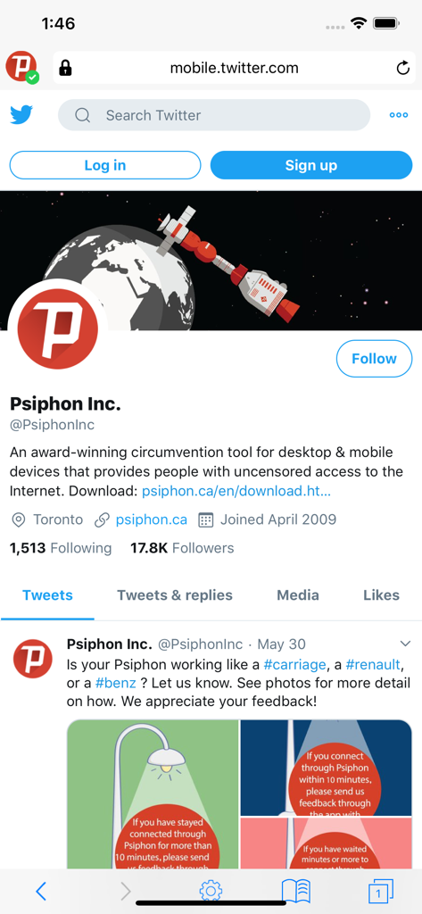 Psiphon Browser - A screenshot of the Psiphon Browser mobile app displaying the official Twitter profile of Psiphon Inc.