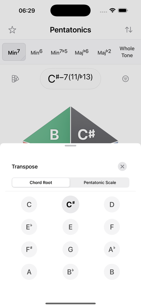 Pentatonics - Take Five - The transpose interface in the Pentatonics app showing chord root selection.