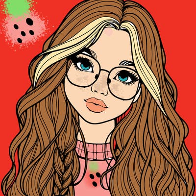 girl with long hair and freckles and glasses realistic