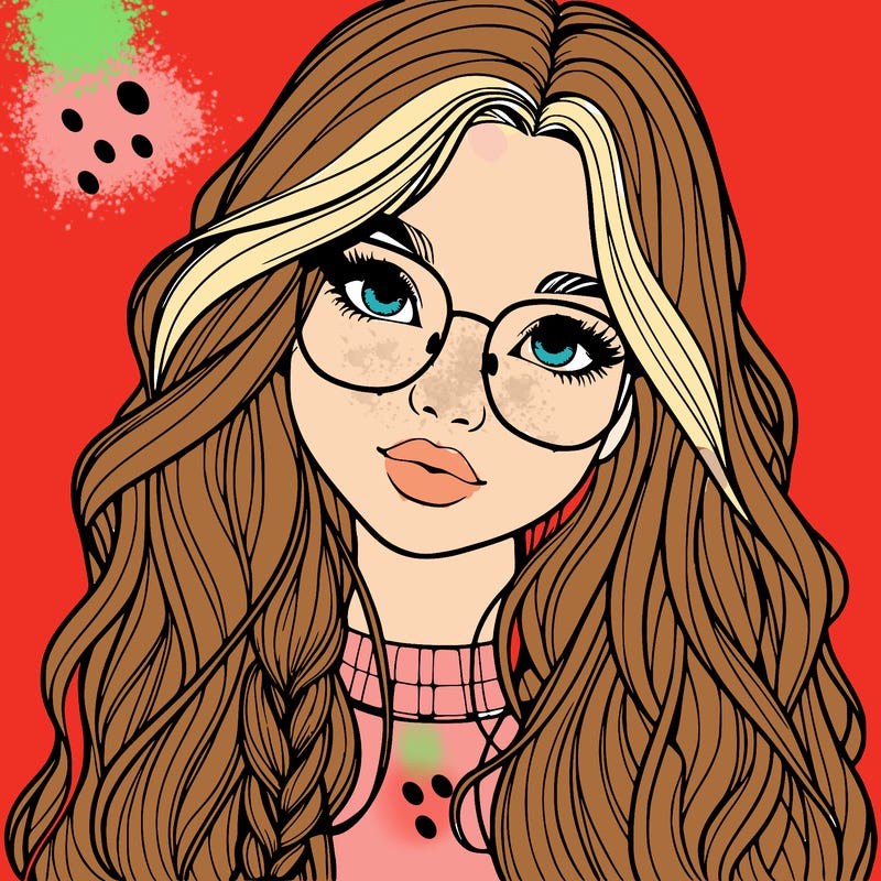 girl with long hair and freckles and glasses realistic