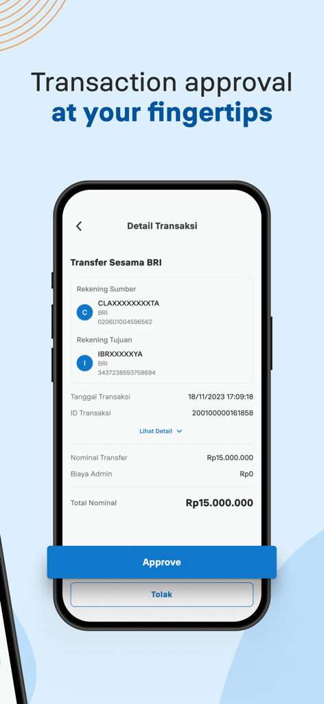 QLola IB Token - Smartphone screen showing a transaction approval page within the QLola IB Token app with details of a fund transfer and action buttons