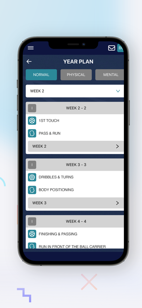 Better Coaching App - Better Coaching App year plan screen showing weekly soccer drills and focus areas