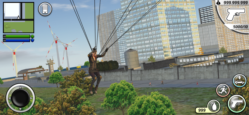 モバイルゲーム『グランド・ハイスト・オンライン』で3Dの街並みの上空をパラシュートで降下するキャラクター