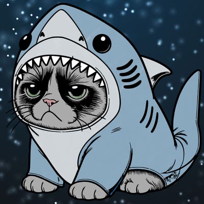 a realistic grumpy cat wearing a cute shark costume