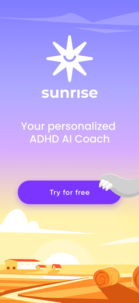 ADHD Coach & Planner - Sunrise - Schermata di avvio dell'app Sunrise con il logo e lo slogan Il tuo coach AI personalizzato per l'ADHD con un pulsante di invito all'azione.