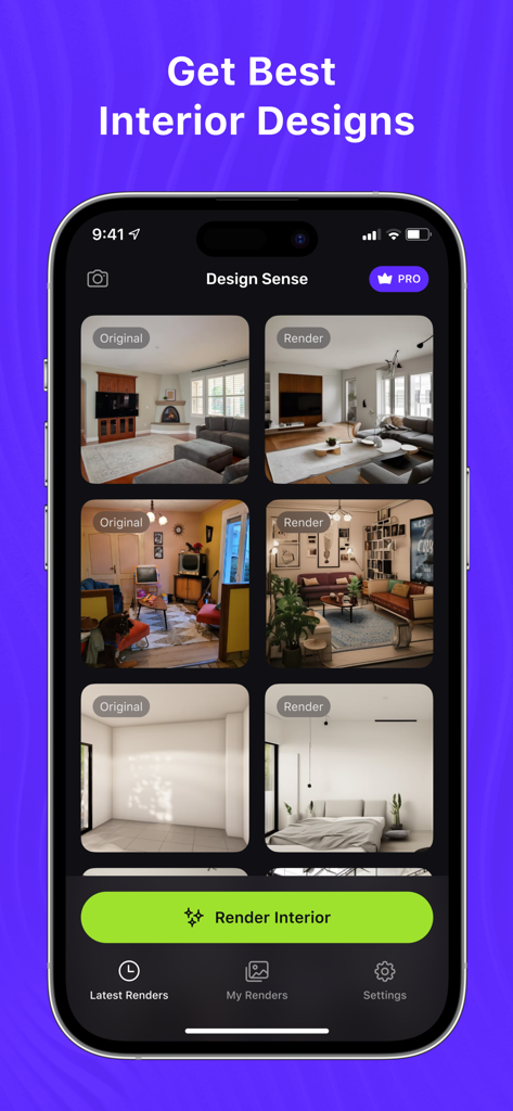 Design interni originali e renderizzati con AI affiancati sull'interfaccia dell'app DesignSense AI