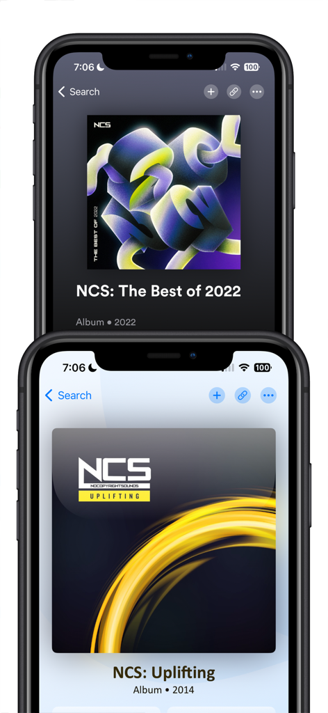Openmusic - A comparison of Openmusic app screens displaying two different aesthetic themes and album covers