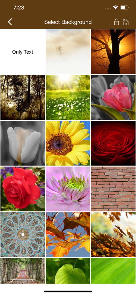 Islamic Greeting Cards - Background image selection screen featuring floral nature and Islamic pattern designs