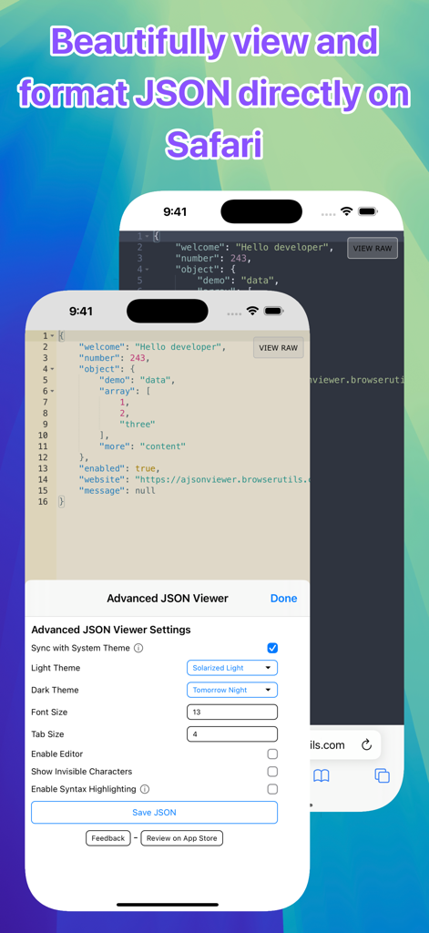 Advanced JSON Viewer - Interface of Advanced JSON Viewer on iPhone showing formatted JSON data and settings for themes and layout