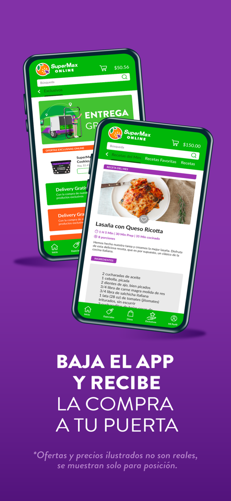 SuperMax Online - SuperMax Online app interface showing grocery delivery and recipes on two smartphones