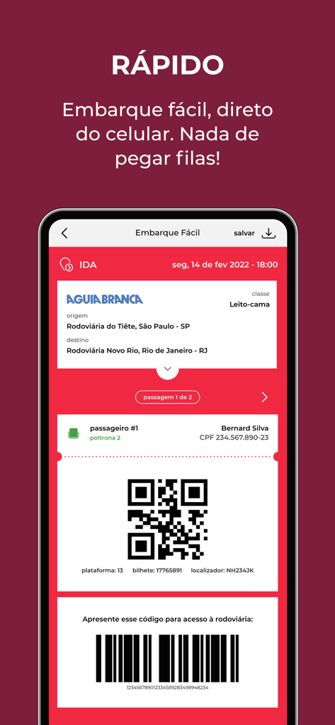 DeÔnibus - Passagens de Ônibus - Mobile phone screen displaying a digital bus ticket with a QR code on the DeOnibus app