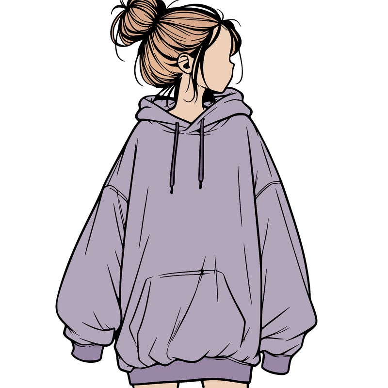 realistic girl with a oversized sweatshirt on and a bun