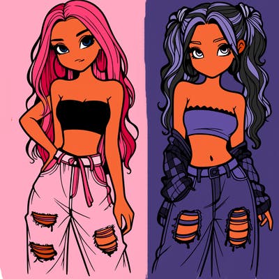 2 girls in crop tops and baggy jeans ripped