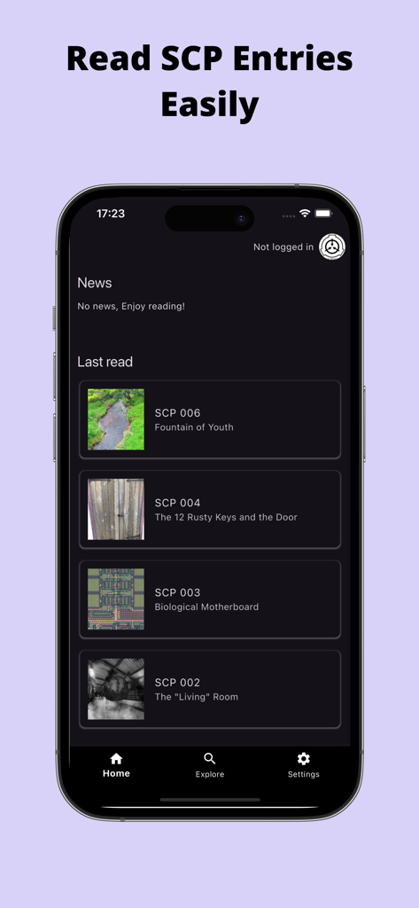 Home screen of the SCP Dictionary app displaying a list of recently read SCP stories in dark mode