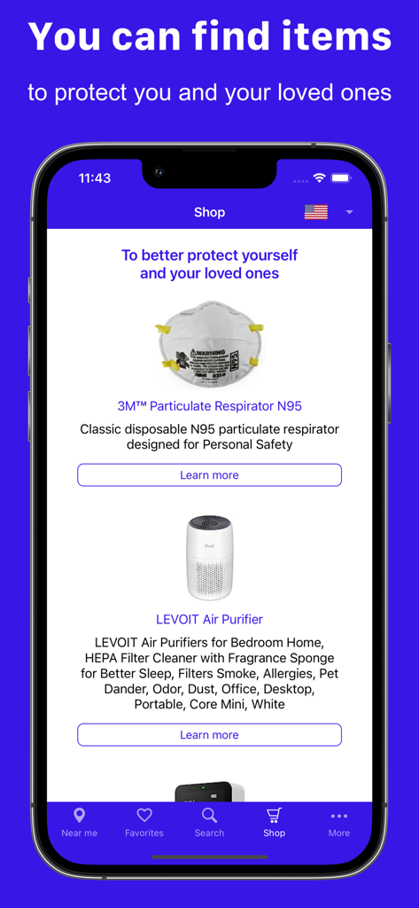 The shop screen of the My AQI app displaying protective equipment such as N95 respirators and air purifiers for respiratory health.