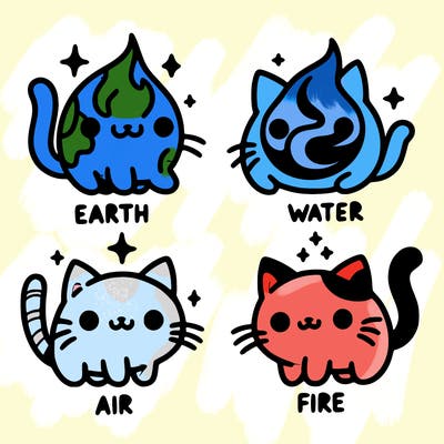 4 cats that represent the different elements, earth, water, air, and fire