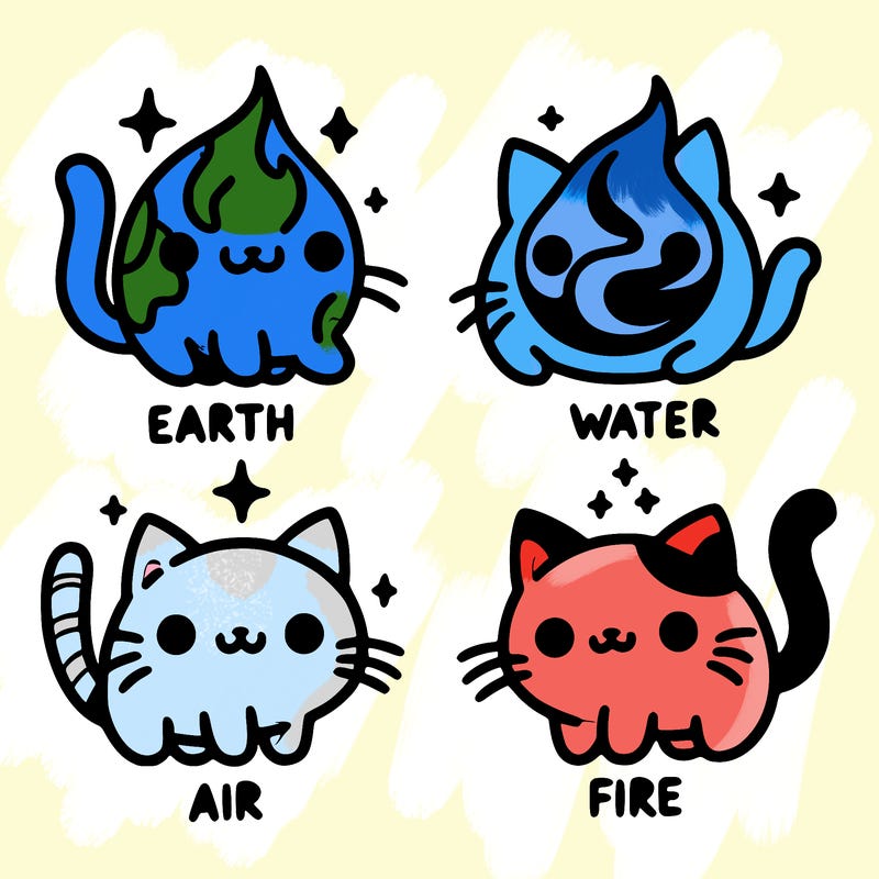 4 cats that represent the different elements, earth, water, air, and fire