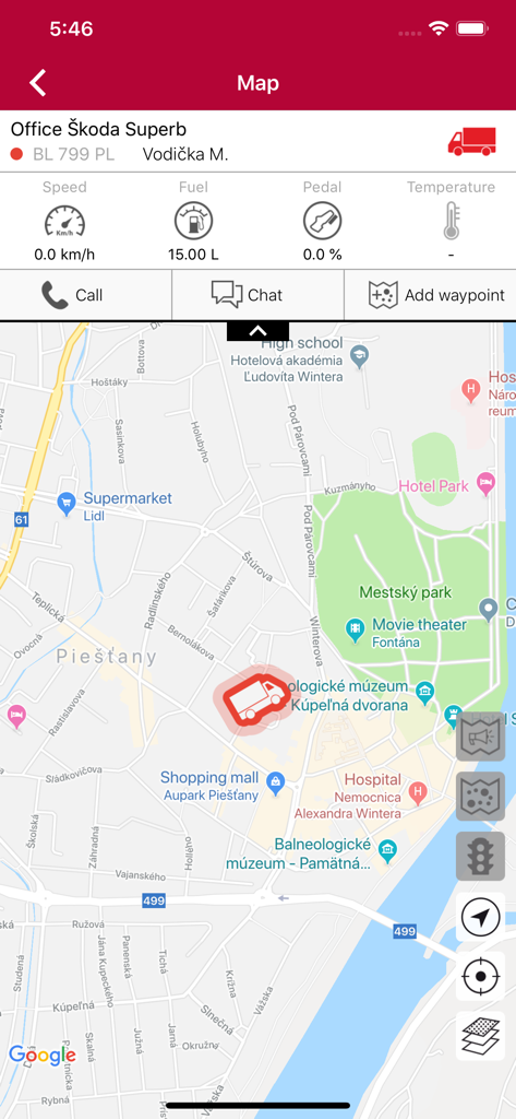 Commander V2 app interface showing real-time GPS vehicle tracking and fuel monitoring on a map