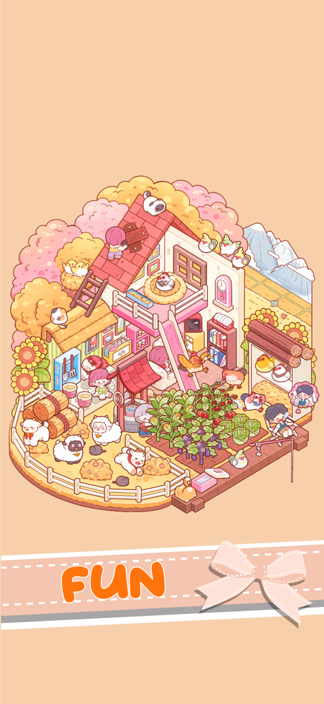 Tiny Sticker Home Decor - A colorful and cute isometric illustration of a decorated farmhouse with stickers including animals, plants, and characters in a cozy gaming style.
