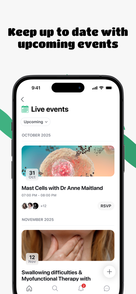 The Zebra Club - Una interfaz de aplicación móvil que muestra una lista de próximos eventos en vivo de expertos para el manejo de la hipermobilidad y enfermedades crónicas.