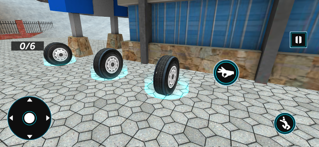 Gameplay screen showing missing bus tires on the ground for collection
