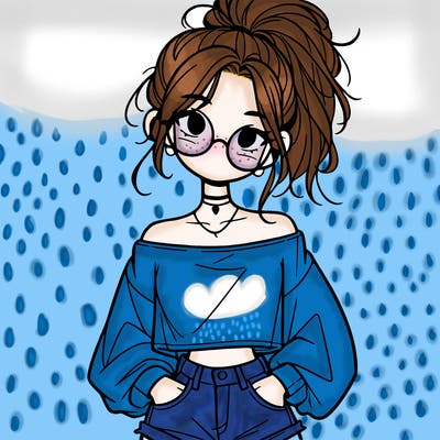 girl with a messy ponytail glasses a baggy crop top and jean shorts