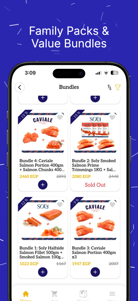 Maxim Seafood - Mobile app screen for Maxim Seafood showing premium salmon bundles and family packs.