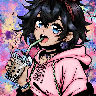 hot baddie anime girl drinking boba and biting the straw