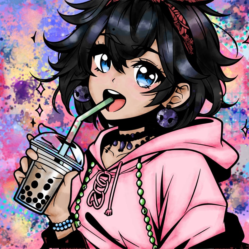 hot baddie anime girl drinking boba and biting the straw