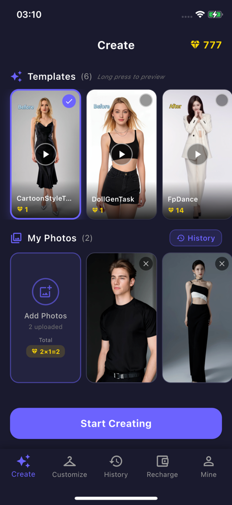 VivideoAI - VivideoAI App-Oberfläche zeigt KI-Video-Vorlagen und einen Bereich zum Hochladen von Fotos für die Inhaltserstellung
