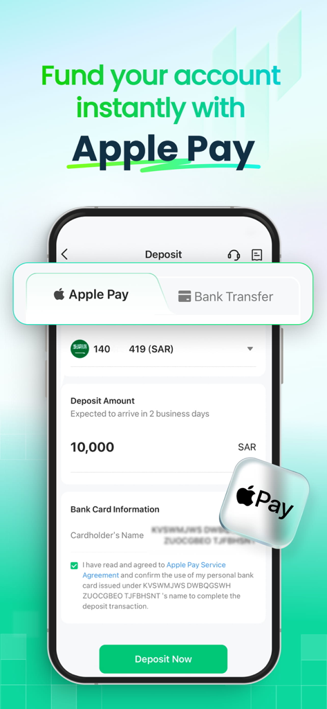 Interface de l'application Sahm montrant l'écran de dépôt avec Apple Pay sélectionné pour le financement instantané du compte.
