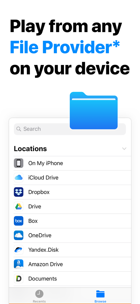 Interface of Nota app showing various cloud storage locations for audio file playback
