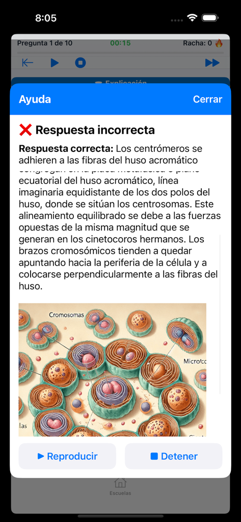 Mi guia UNAM PRO - Schermata di feedback nell'app Mi guia UNAM PRO con spiegazione di biologia e illustrazione cellulare