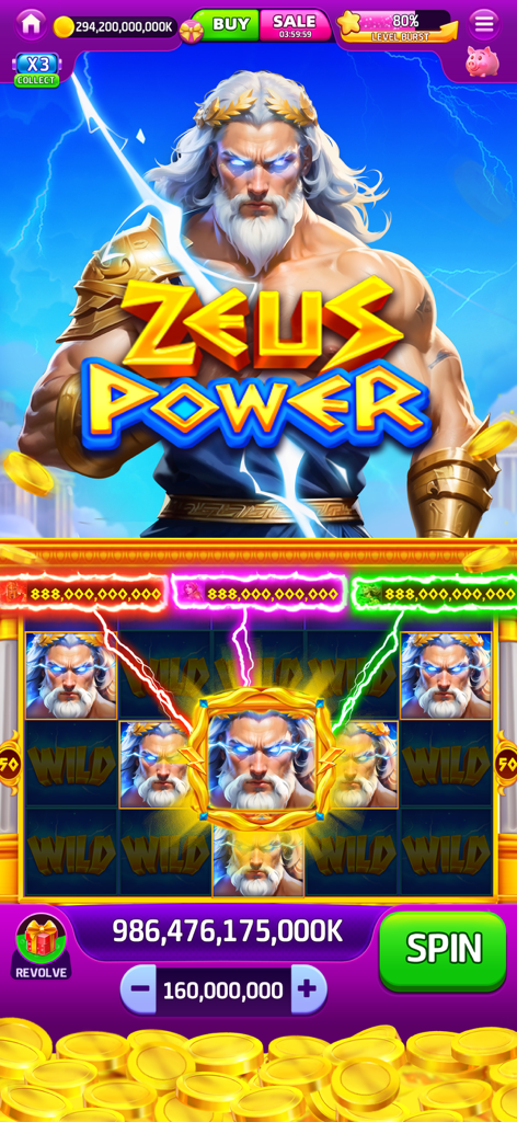 Jackpot Saga - Slots Casino - Interface du jeu de machine à sous sur le thème Zeus Power dans Jackpot Saga