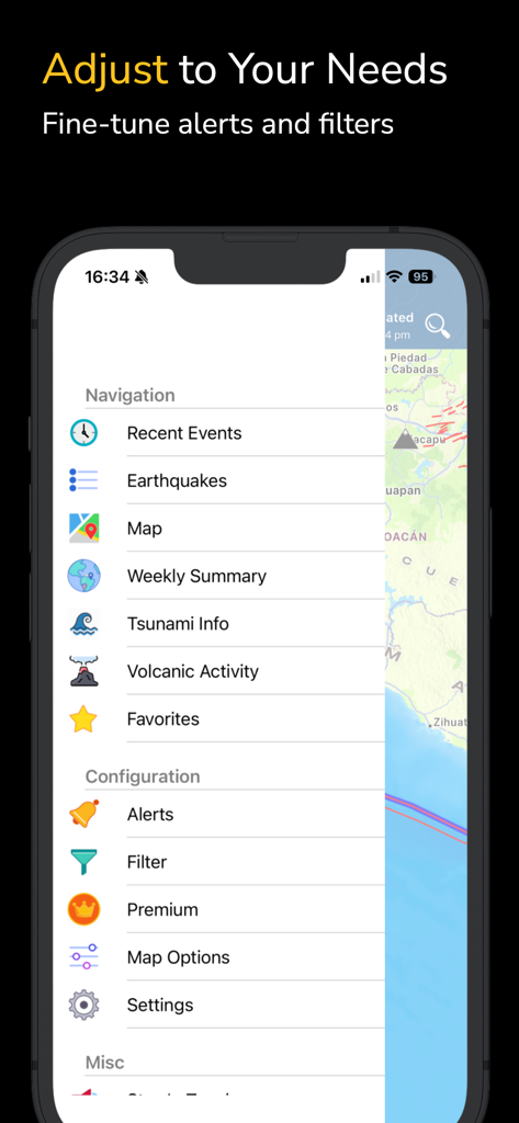 Earthquake+ Alerts, Map & Info - Smartphone screen showing the navigation menu of the Earthquake plus app with options for alerts filters and maps.