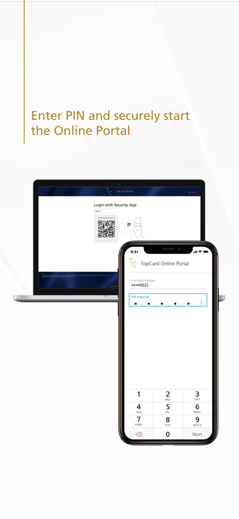 TopCard Security - Smartphone and laptop screens displaying the TopCard Security app login process with PIN entry