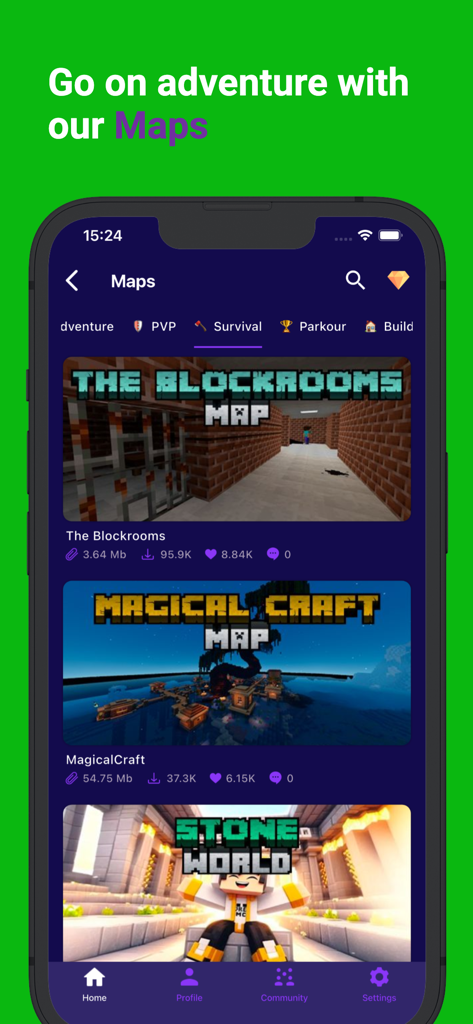 A selection of adventure and survival maps in the Mods and Skins for Minecraft PE mobile app.