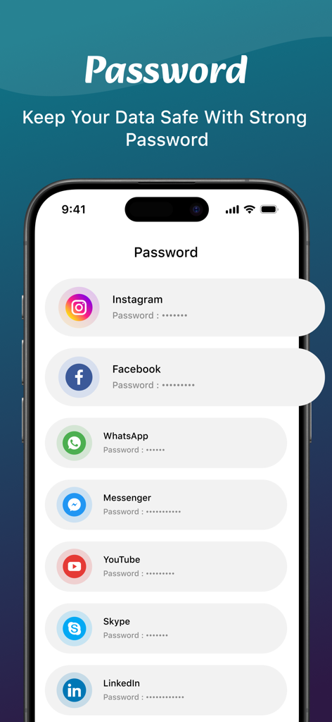 Notification History - Interface de la fonction de gestionnaire de mots de passe montrant une liste de comptes comme Instagram, Facebook et WhatsApp avec des mots de passe protégés.