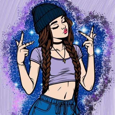 realistic teenage girl with braids and a beanie and crop top doing 🫶🏼