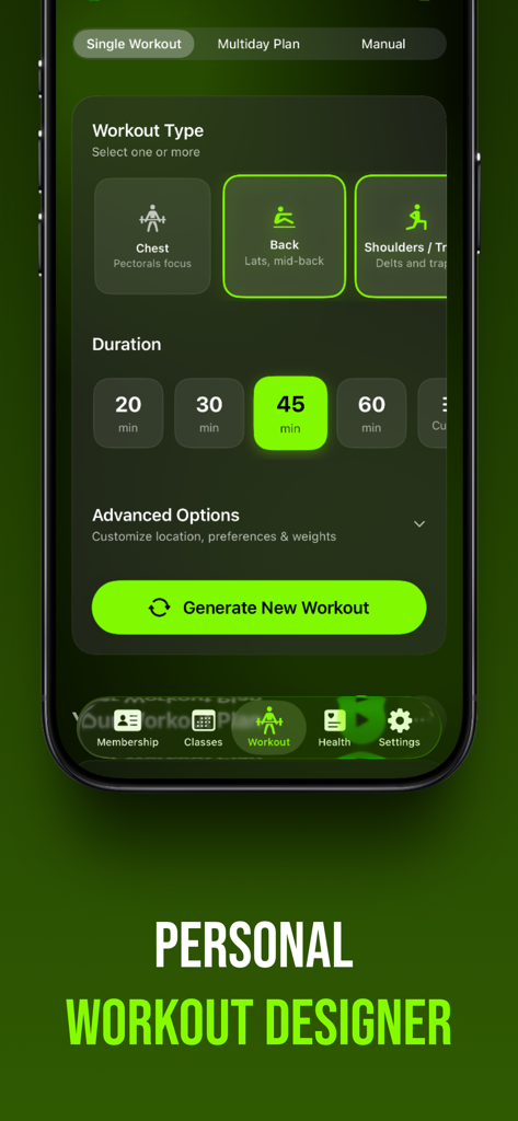 Club Lime App-Oberfläche zum Entwerfen eines persönlichen Trainings durch Auswahl von Muskelgruppen und Dauer der Sitzung