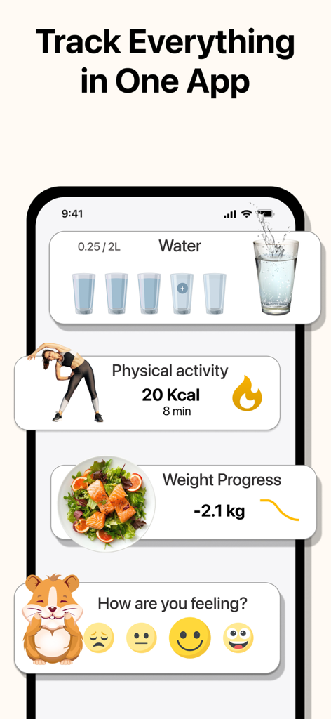 Numi: AI Calorie Counter - Interface of the Numi app showcasing various tracking modules including water intake, physical activity, weight progress, and daily mood.