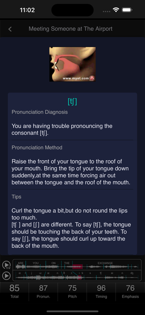 A detailed pronunciation diagnosis screen in the MyET app showing phonetic feedback and speech scores
