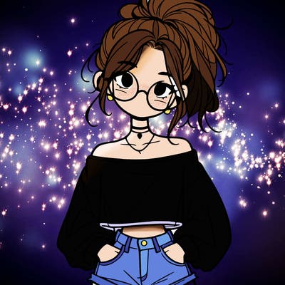 girl with a messy ponytail glasses a baggy crop top and jean shorts