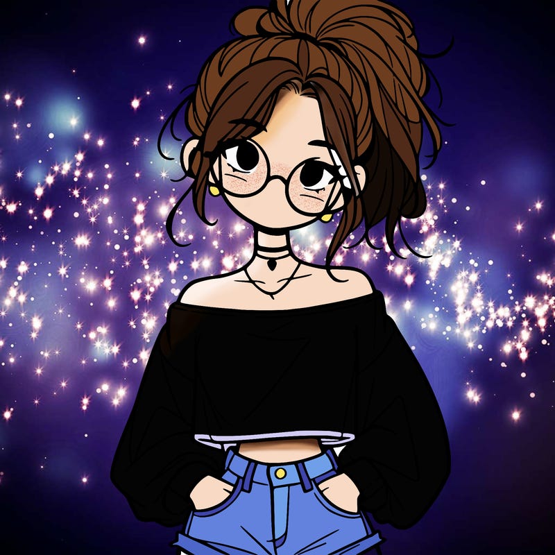 girl with a messy ponytail glasses a baggy crop top and jean shorts