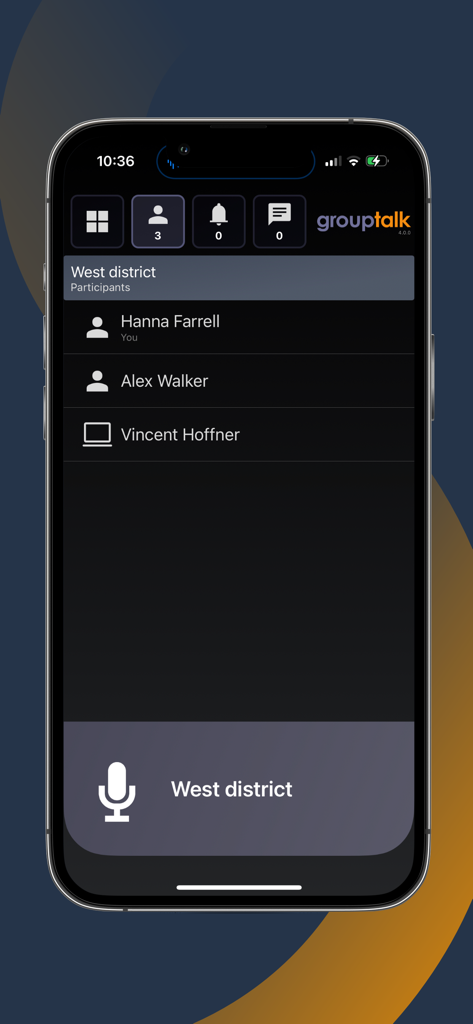 GroupTalk Push to Talk - GroupTalk mobile application interface showing a list of participants in the West district talk group and a large push to talk button